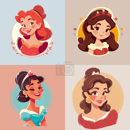 Illustration for Drawings of cartoon princesses or girls on a colored background. For your design or logo. - Royalty Free Image