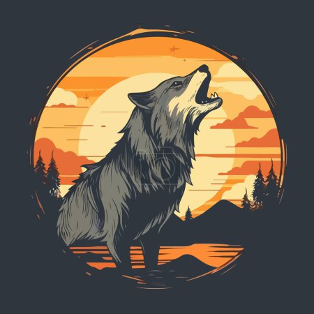 Ein einsamer Wolf, der vor der Kulisse eines Waldes und Sonnenuntergangs den Mond anheult. Für Ihr Aufkleber- oder Logo-Design