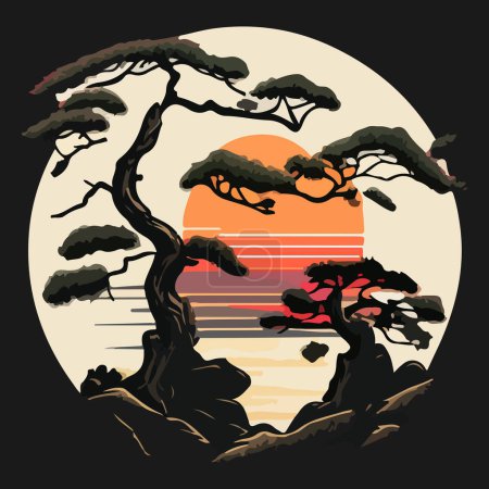 Japanese tree banzai against the backdrop of sunset. For your sticker or logo design