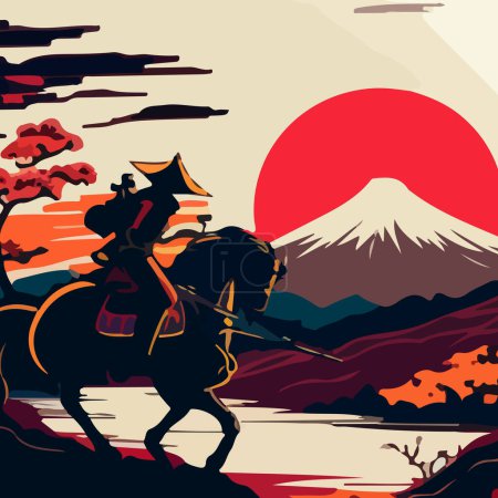 Ilustración de Guerrero japonés en un caballo contra el telón de fondo del Monte Fuji y el sol rojo. Para su diseño de pegatina o logotipo. - Imagen libre de derechos