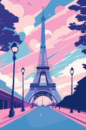 Illustration for Road and lanterns with the Eiffel Tower against the backdrop of a multi-colored sky. For your sticker or postcard design. - Royalty Free Image