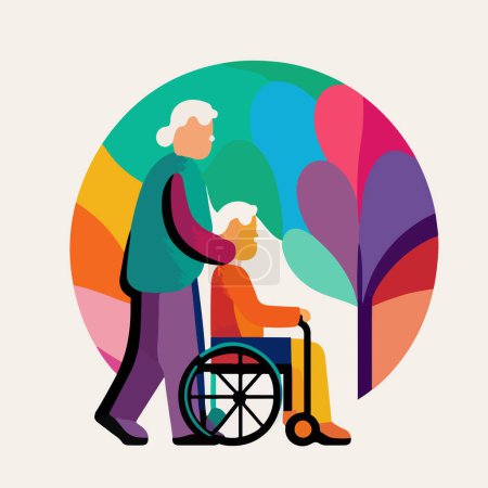 Illustration for Flat cartoon drawing of an elderly couple, a lady in a gurney on a colored background. For your design. - Royalty Free Image