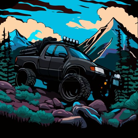 Ilustración de Imagen de un SUV en las montañas sobre el fondo del bosque y el cielo. Para su diseño de logotipo. - Imagen libre de derechos