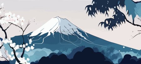 Snow-covered Mount Fuji and cherry blossoms against the sky. For your design.