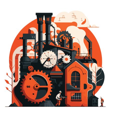 Steampunk factory drawing on orange and dark background. For your design.