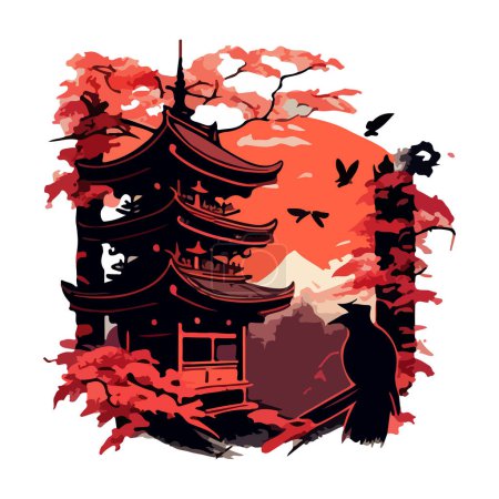 Red-black drawing of an Asian pagoda and a crow on a sunset background. For your design.