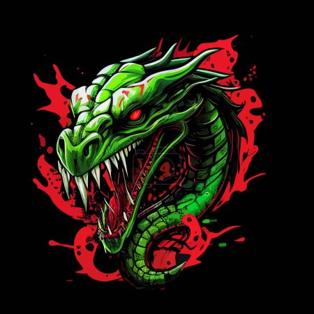 Terrible green dragon in flames on a dark background. For your logo or tattoo design.