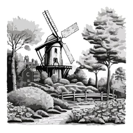 Illustration for Black and white drawing of a rural landscape. Windmill and trees on a white background. For your logo or sticker design. - Royalty Free Image