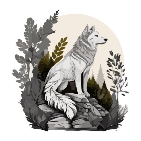 Ein schöner einsamer Wolf sitzt auf einem Stein vor dem Hintergrund eines Waldes und Sonnenuntergangs. Für Ihr Design.