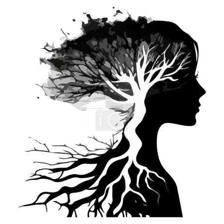 Black and white silhouette of a tree and a girl on its background. For your logo or sticker design.