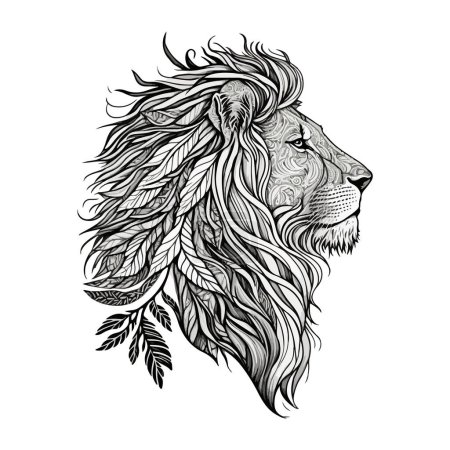 Illustration for Black and white profile of a lion, mane in leaves and ornaments on a white background. For your design. - Royalty Free Image
