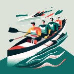 Flat cartoon drawing of rowers on a boat on a color background. For your logo or sticker design.