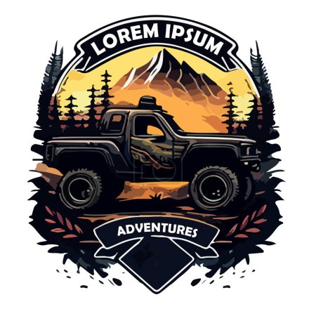 Logo mit einem Geländewagen auf dem Hintergrund der Berge und Text. Für Ihr Design.