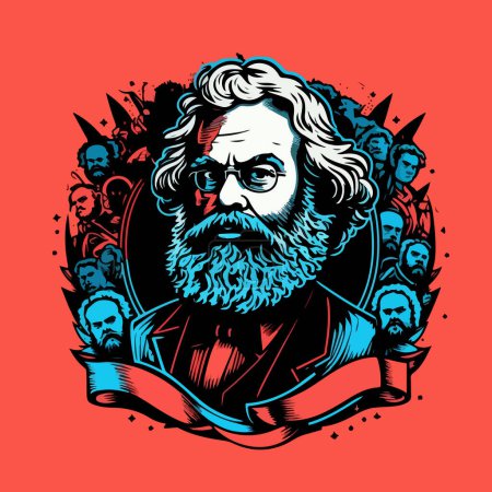 Dibujo plano de Marx enmarcado por otros personajes. Para su diseño de pegatina.