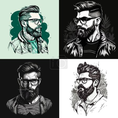 Several bearded men with glasses. hipsters on different backgrounds. For your logo or sticker design.