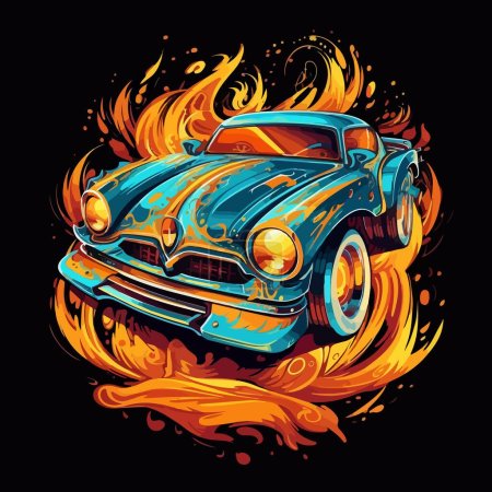 Retro car racing in a flame of fire on a dark background. For your design