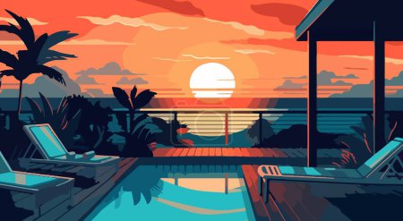 Illustration for Summer terrace with a swimming pool and sun loungers against the backdrop of sunset. For your design. - Royalty Free Image