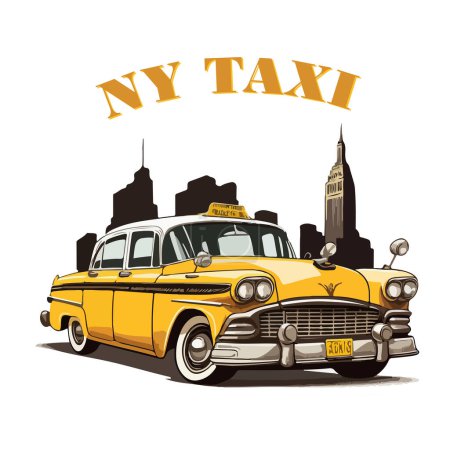 Illustration for Yellow New York retro taxi on the background of skyscrapers with text. For your sticker design. - Royalty Free Image