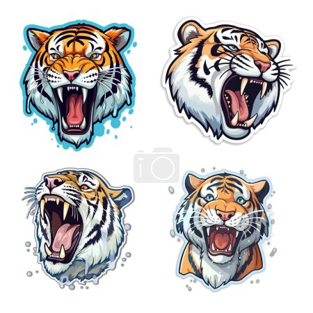 Téléchargez les illustrations : Plusieurs autocollants de têtes de tigre sur fond blanc. Pour votre design. - en licence libre de droit