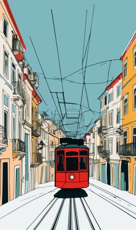 Illustration for Cityscape drawing with red retro tram. For your design. - Royalty Free Image