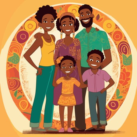 Zeichentrickfiguren, afroamerikanische glückliche Familie auf ornamentalem Hintergrund. Für Ihr Design.