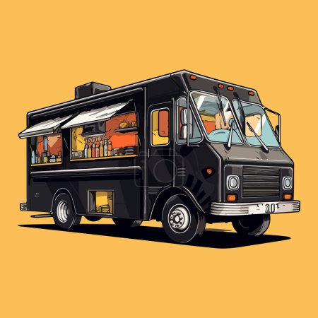 Flache Illustration eines Foodrucks auf orangefarbenem Hintergrund. Für Ihr Design