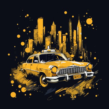 Illustration for A flat illustration of a yellow New York taxi against the backdrop of the city. For your design - Royalty Free Image