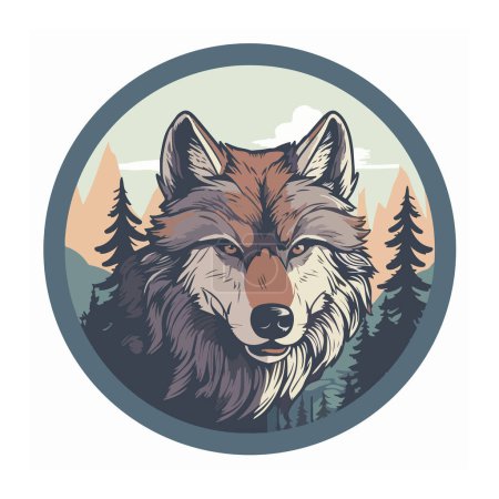 Drawing of a severe wolf on the background of the forest and light mountains. For your design