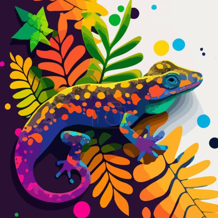 Multi-colored chameleon on the background of leaves and flowers. For your design