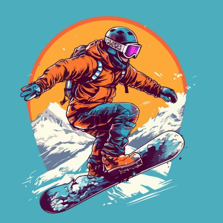 Illustration for Drawing of a snowboarder riding on the background of mountains and sunset. For your design - Royalty Free Image