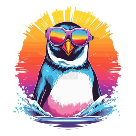 Penguin in sunglasses against the backdrop of sunset and waves. For your design