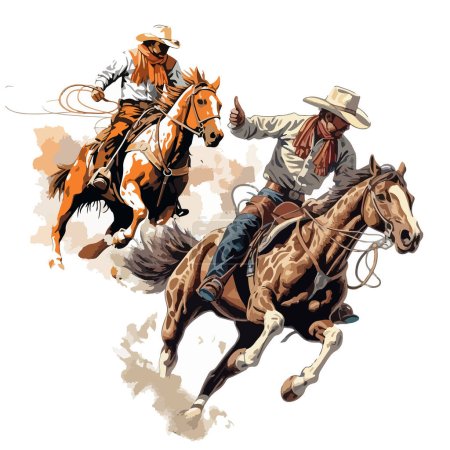 Ilustración de Dibujo de vaqueros galopantes a caballo en un rodeo sobre un fondo claro. Para su diseño - Imagen libre de derechos