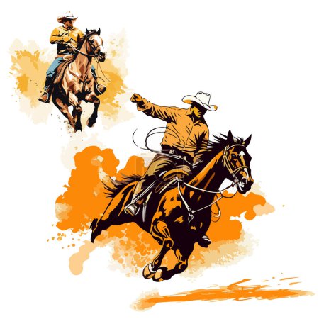 Dibujo de vaqueros galopantes a caballo en un rodeo sobre un fondo claro. Para su diseño