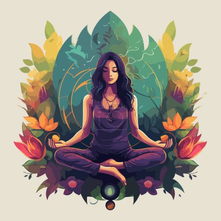 Beautiful girl in the lotus position on the background of flowers and leaves. For your design