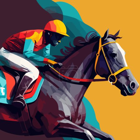 Téléchargez les illustrations : Dessin d'une compétition de courses de chevaux, le cavalier aspire à la victoire. Pour votre design - en licence libre de droit