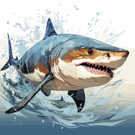 Téléchargez les illustrations : Dessin d'un énorme requin dans les vagues et les éclaboussures d'eau. Pour votre design - en licence libre de droit