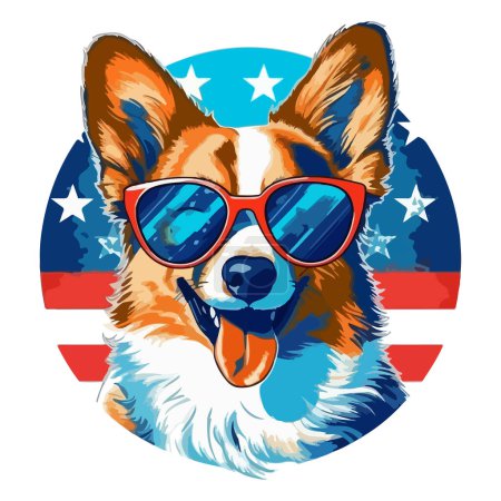 Téléchargez les illustrations : Chien drôle et mignon dans des lunettes de soleil sur le fond du drapeau des États-Unis - en licence libre de droit