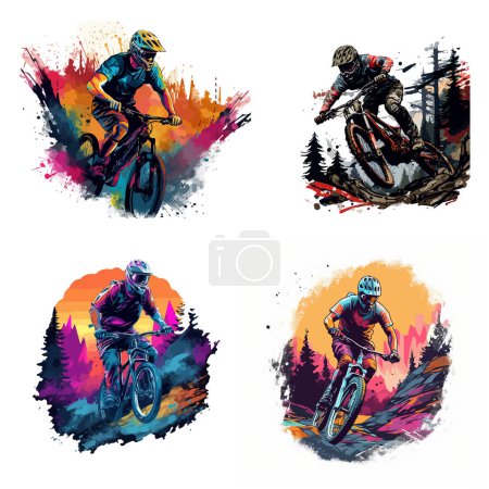 Ilustración de Varios ciclistas de montaña en el fondo de las montañas. Para su diseño de logotipo o pegatina - Imagen libre de derechos