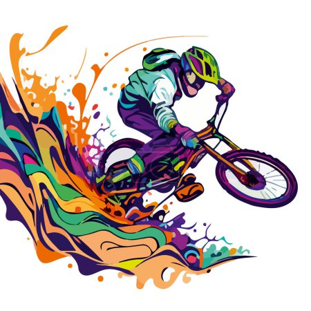 Sportsman on a mountain bike in colored splashes on a white background
