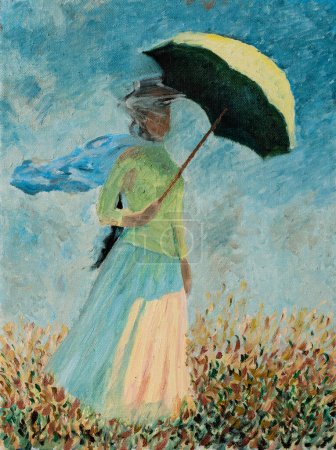 Reproducción de pintura al óleo de una mujer con una parábola o estudio de una figura al aire libre frente a la famosa pintura al óleo derecha de Claude Monet.