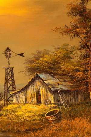 Foto de Paisaje vintage pintura al óleo detalle que representa una escena campestre con una casa de granero en ruinas y molino de viento al atardecer. Arte sudoeste americano. - Imagen libre de derechos
