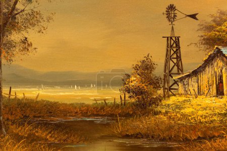Téléchargez les photos : Détail de peinture à l'huile de paysage vintage représentant une scène de campagne avec une maison de grange délabrée et un moulin à vent au coucher du soleil. Art sud-ouest américain. - en image libre de droit