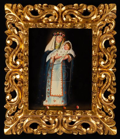 Photo for Icon painting depicting Saint Rose of Lima with the Child Jesus. Roman Catholic devotional icon in a golden ornate frame. - Royalty Free Image