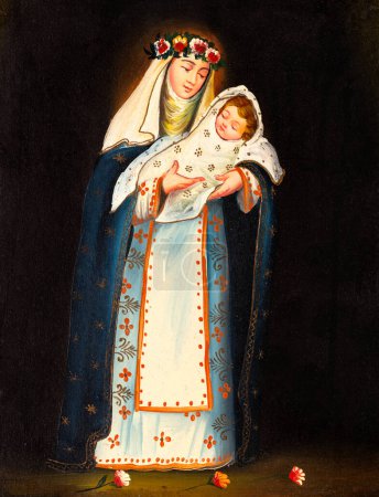 Photo for Icon painting depicting Saint Rose of Lima with the Child Jesus. Roman Catholic devotional icon. - Royalty Free Image