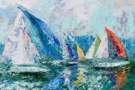 Fragment de peinture à l'huile colorée sur toile représentant des voiliers sur l'eau. Oeuvre Impasto dans un cadre flottant en bois. Art impressionniste.