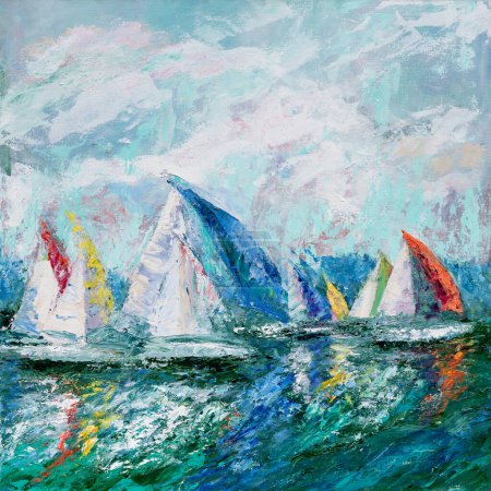 Peinture à l'huile colorée sur toile représentant des voiliers sur l'eau. Oeuvre Impasto dans un cadre flottant en bois. Art impressionniste.