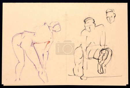 Schwarze Kohle auf farbigem Papier, schnelle Skizze, die die Anmut und Gelassenheit eines weiblichen Modells in einem Studio-Setting einfängt. Eine künstlerische Zeichnung der menschlichen Form.
