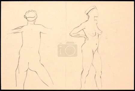 Schwarze Kohle auf farbigem Papier, schnelle Skizze, die die Anmut und Gelassenheit eines weiblichen Modells in einem Studio-Setting einfängt. Eine künstlerische Zeichnung der menschlichen Form.