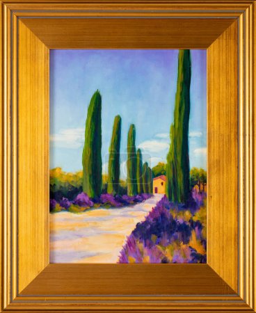 Zeitgenössisches impressionistisches Ölgemälde in einem plein aire Goldrahmen, das eine toskanische Landschaft mit einem Bauernhof und Hügeln im Hintergrund zeigt. Impressionismus. Kunst.