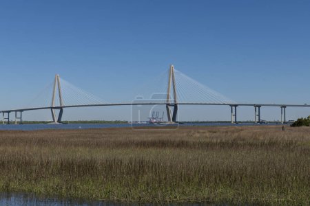 Arthur Ravenel Bridge, también conocido como Cooper Bridge, sobre el puerto en Charleston, Carolina del Sur.